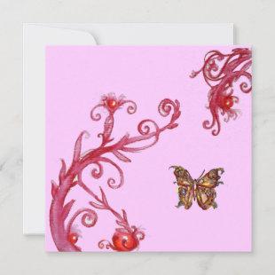 GOLD BUTTERFLY , bright pink red Invitation