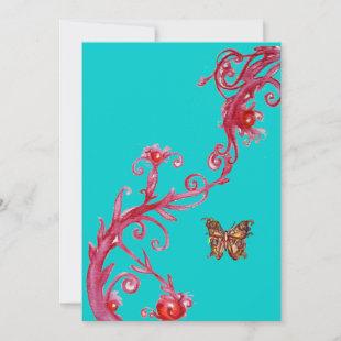 GOLD BUTTERFLY , bright red blue Invitation
