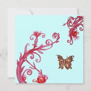 GOLD BUTTERFLY , bright red blue Invitation
