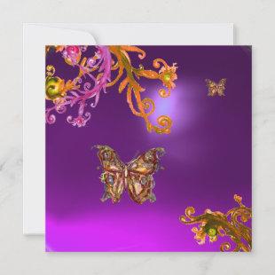 GOLD BUTTERFLY  IN PURPLE YELLOW FLORAL SWIRLS INVITATION