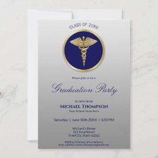 Gold Caduceus Blue Medical Graduation Invitation