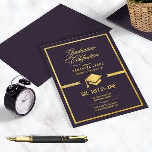 Gold Cap Graduation Eggplant ID834 Foil Invitation