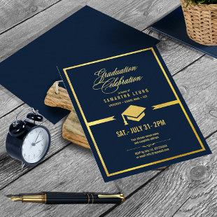 Gold Cap Graduation Navy Blue ID834 Foil Invitation