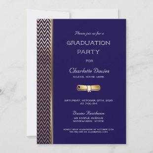 Gold Chevron Stripe Navy Blue Graduation Party Invitation