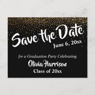 Gold Confetti and Black Graduation Save the Date Postcard