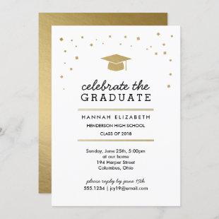 Gold Confetti and Gold Cap Modern Graduation Invitation