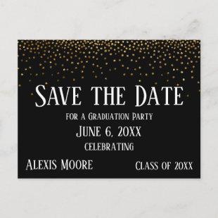 Gold Confetti Black Graduation Party Save the Date Postcard