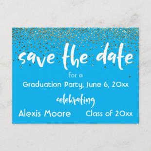 Gold Confetti Blue Graduation Party Save the Date Announcement Postcard