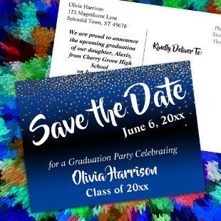 Gold Confetti Bright Blue Graduation Save the Date Postcard