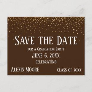 Gold Confetti Brown Graduation Party Save the Date Postcard