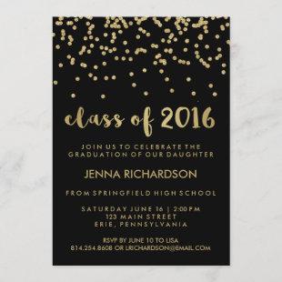 Gold Confetti Class of 2016 Graduation Party Black Invitation