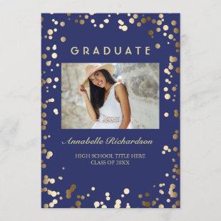 Gold Confetti Dots Navy Elegant Photo Graduation Invitation