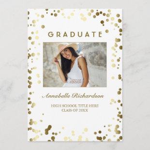 Gold Confetti Dots White Elegant Photo Graduation Invitation