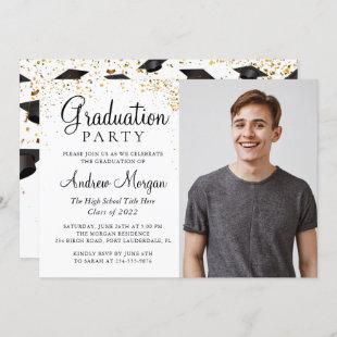Gold confetti Graduation Caps Graduate Photo Invitation