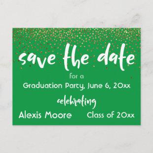 Gold Confetti Green Graduation Party Save the Date Announcement Postcard