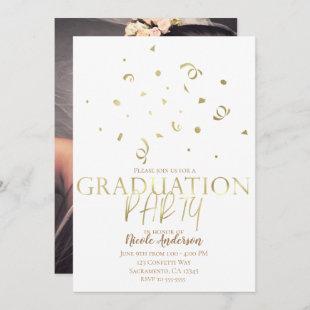 Gold Confetti Modern Graduation Party Full Photo Invitation