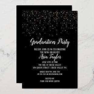 Gold Confetti on Black Graduation Party Gold Foil Invitation