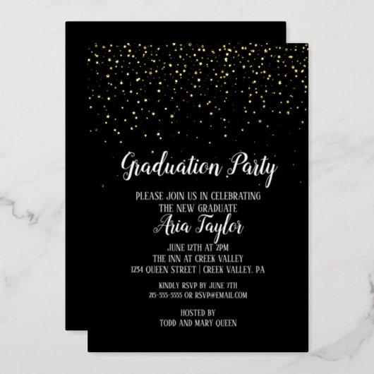 Gold Confetti on Black Graduation Party Gold Foil Invitation