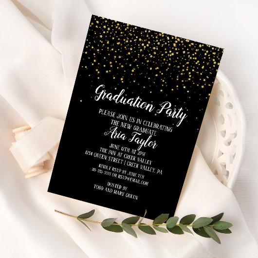 Gold Confetti on Black Graduation Party Invitation