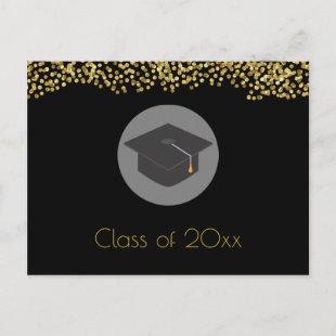 Gold Confetti on Black with Graduation Cap Party Invitation Postcard