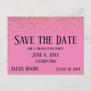 Gold Confetti Pink Graduation Party Save the Date Postcard