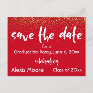 Gold Confetti Red Graduation Party Save the Date Announcement Postcard