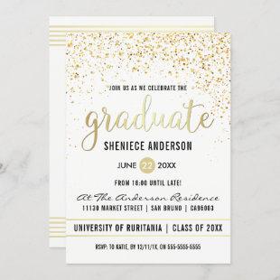 Gold Confetti & Script on White | Graduation Party Invitation