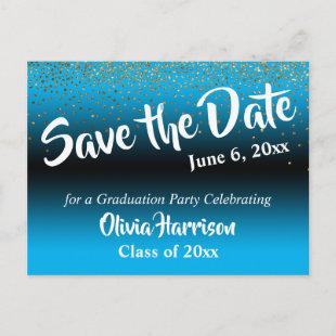 Gold Confetti Sky Blue Graduation Save the Date Postcard