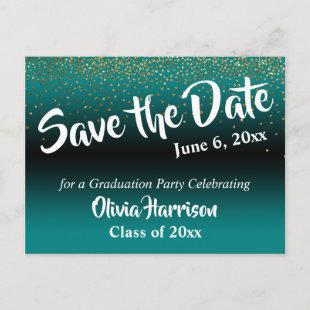 Gold Confetti Teal Graduation Save the Date Postcard