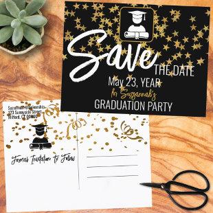 Gold Confetti Top On Black Custom Graduation Announcement Postcard