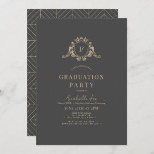 Gold Crest Monogram Dark Gray Graduation Invitation