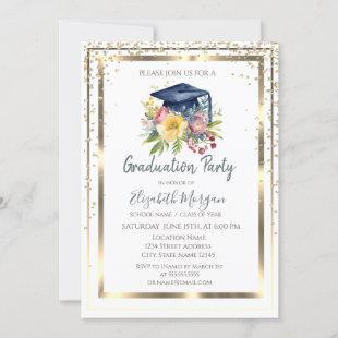 Gold Diamonds,Frame,Floral Grad Cap Graduation Invitation