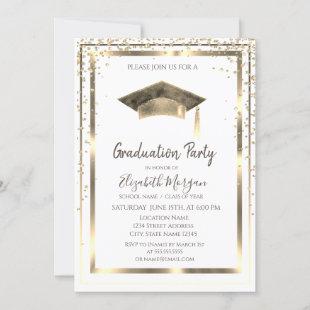 Gold Diamonds,Frame,Watercolor Graduation Cap  Invitation