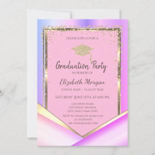 Gold Diamonds Pink Violet Graduation  Invitation