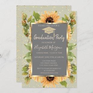Gold Diamonds Sunflowers Graduation Invitation