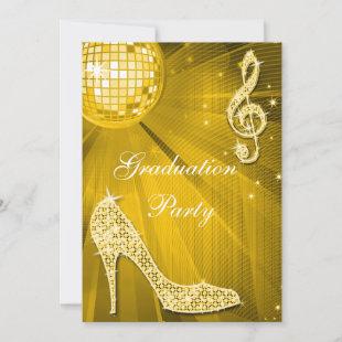 Gold Disco Ball Sparkle Heels Graduation Invitation