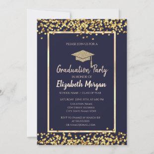 Gold Dots Glitter Grad Cap Graduation Invitation