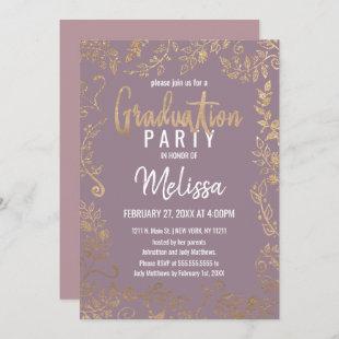 Gold Floral Glitter Ombre Mauve Lilac Graduation Invitation