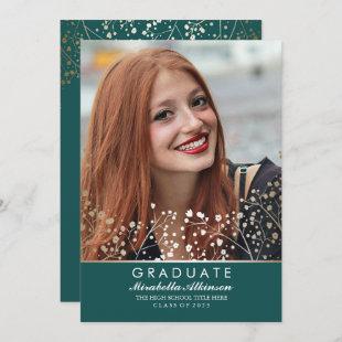 Gold Floral Teal | Student Photo Graduation Invitation