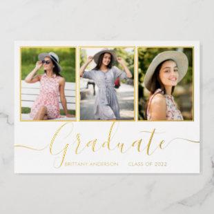 Gold Foil 3 Photo Graduation Announcement Card