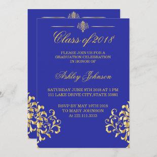 Gold foil and Royal Blue Graduation Invitation