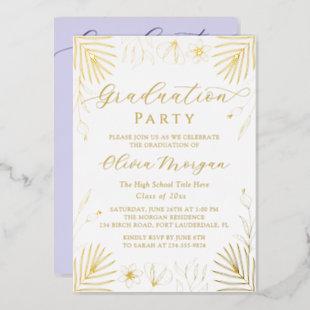 Gold Foil Floral Script Purple Graduation Photo Foil Invitation