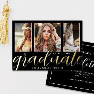 Gold Foil Graduate Script 3-Photo Graduation Foil Invitation