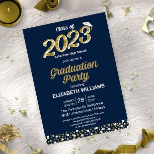 Gold Foil Script Confetti Graduation Party Blue Invitation