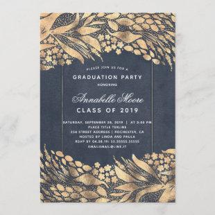 Gold Foliage Navy Blue Modern Graduation Party Invitation