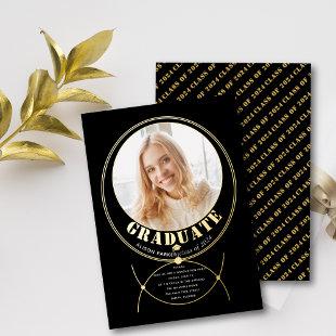 Gold frame jewelry inspired black graduation photo foil invitation