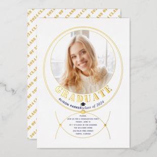 Gold frame jewelry inspired white graduation photo foil invitation
