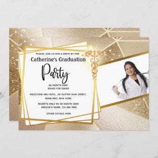 Gold geometric chic DIY photo caduceus graduation Invitation