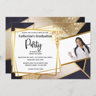 Gold geometric navy DIY photo caduceus graduation Invitation