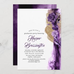 Gold Glitter and Dark Purple Floral Graduation Invitation